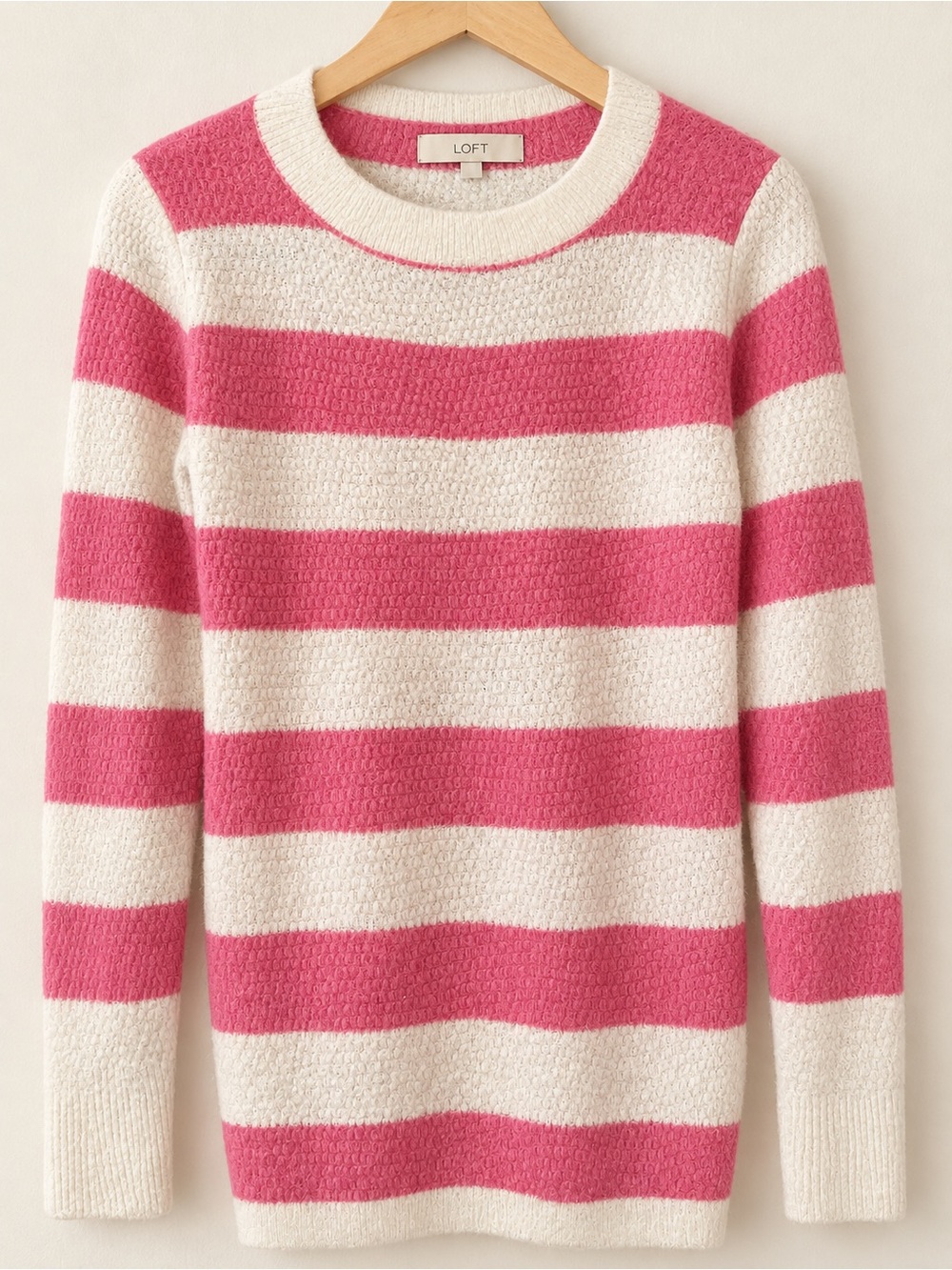 LOFT Cream & Pink Wide-Stripe Crewneck Sweater